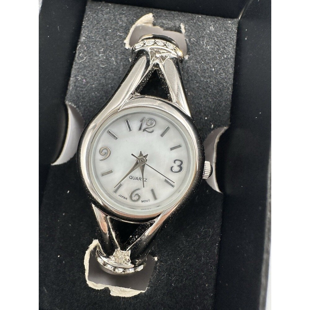 Avon Silver ETERNAL PROMISE Faux Diamond Classic Cuff Bracelet Watch New Battery